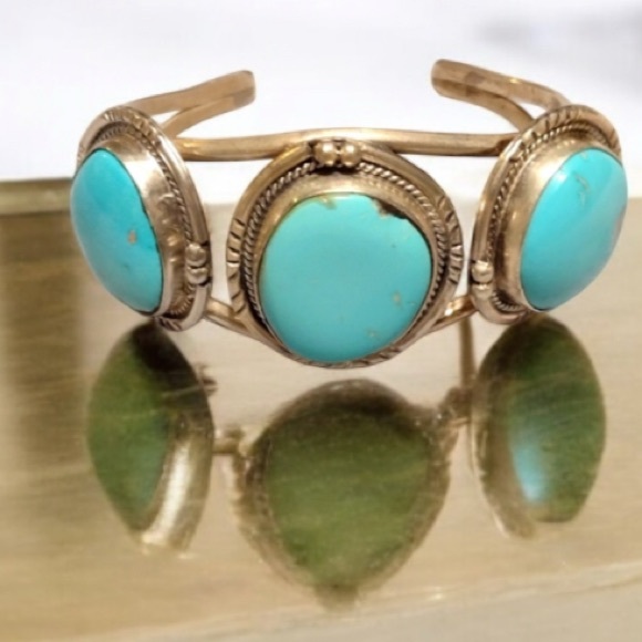 Sold Rare Navajo Sterling Silver Bracelet with Sleeping Beauty Turquoise Stones - Picture 1 of 11